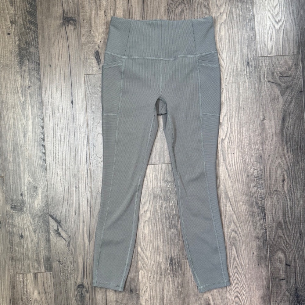 RBX Ribbed Athleisure Leggings Sage Green High Waist Pockets S‎ P